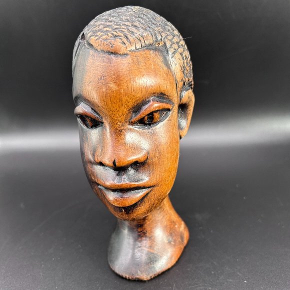 Hand Carved Wooden Male African Head Statue Approx 6" x 3" x 2.5" Decor Accents - Picture 8 of 14